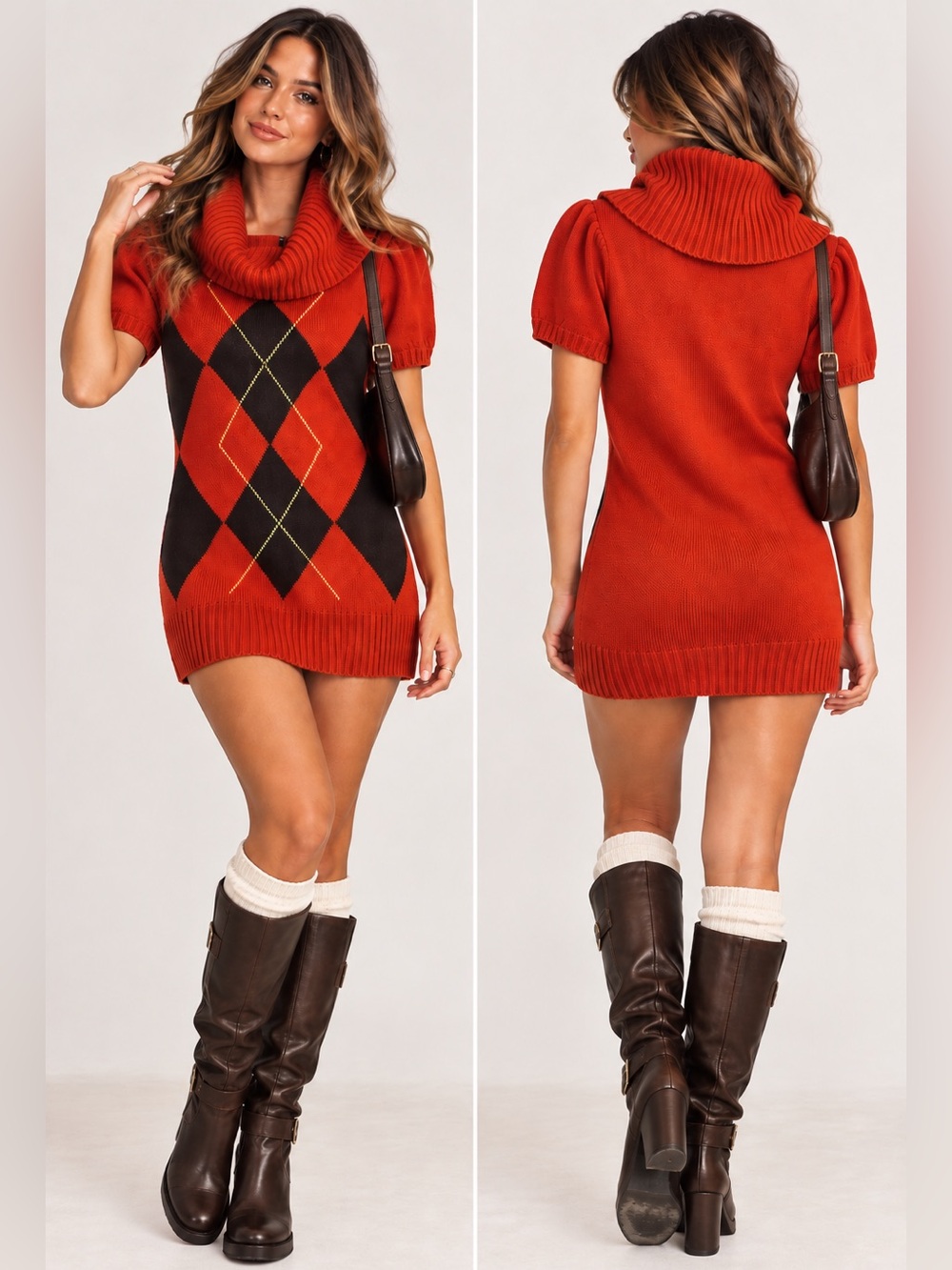 Orange Rust Iconic Y2K Preppy Argyle Short-Sleeve Sweater Dress Medium
